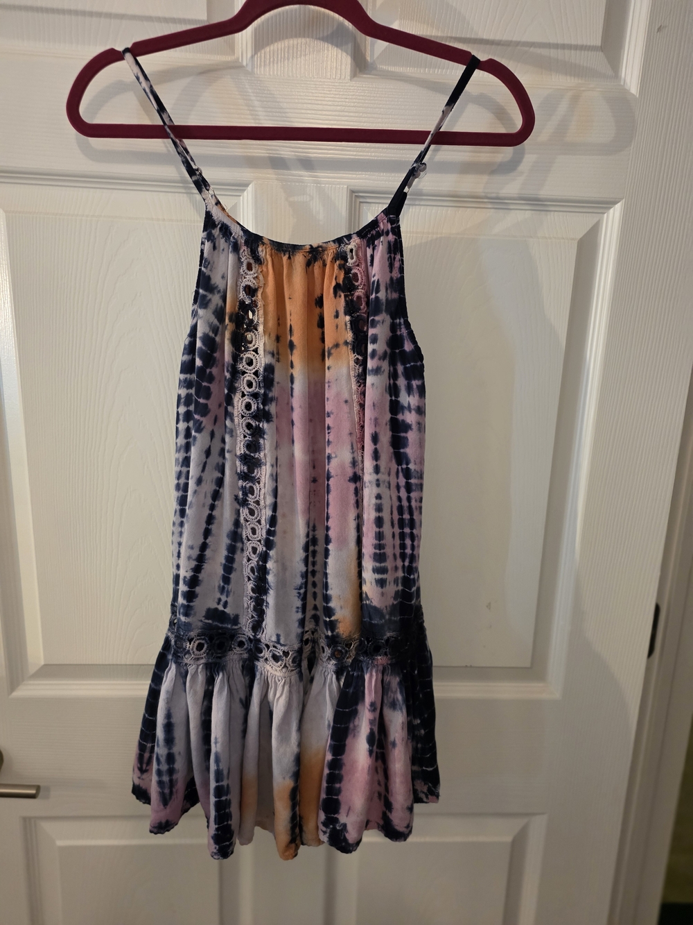 Raviya Pink Orange Navy Tie-Dye Crochet-Trim Dress